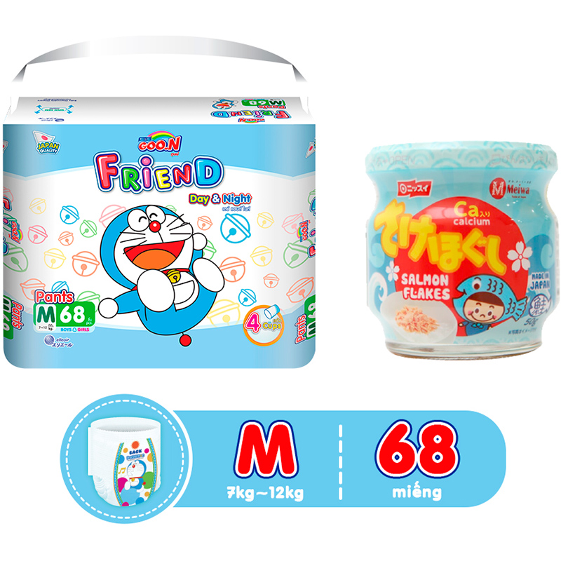 Tã Quần Goon Friend Doremon Mới Gói Siêu Đại M68 (7kg ~ 12kg) + Tặng Hủ Ruốc Cá Hồi Meiwa Vị Ngẫu Nhiên