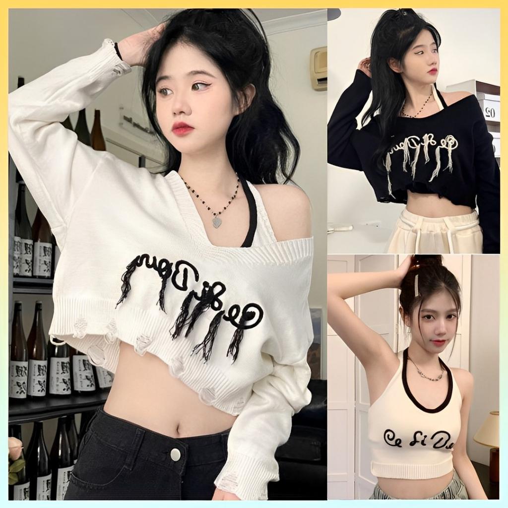 [L2M] Set (2 MÓN) áo CỔ V TUA RUA tay dài kèm áo YẾM Cardigan dệt kim xinh xắn