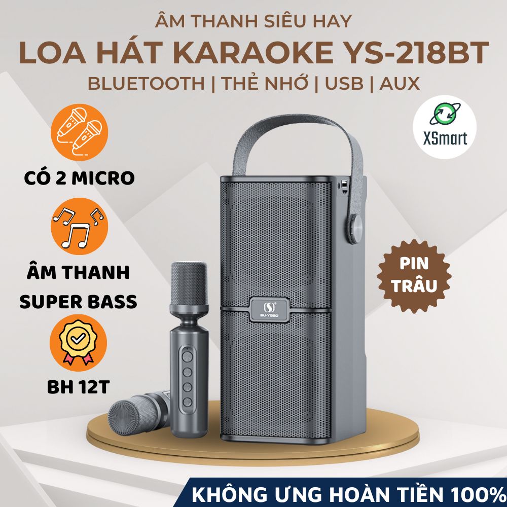 Loa Hát Karaoke Bluetooth YS-218BT 2023 Luxury Có 2 Micro Không Dây, Âm Thanh Cực Hay-Hàng Chính Hãng