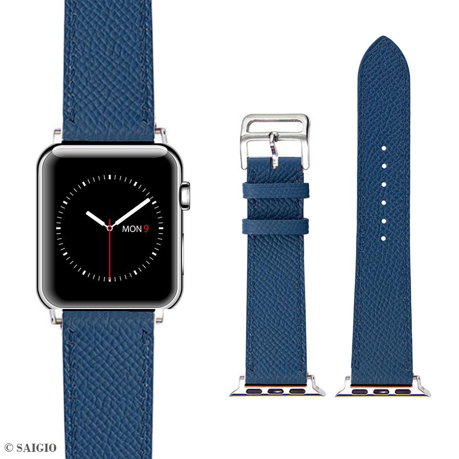 Dây Đồng Hồ Apple Watch 41mm 40mm 38mm, Chất Liệu Da Bê EPSOM Thảo Mộc Cao Cấp, Nhập Khẩu Từ Châu Âu, Dây Đeo Phong Cách Hiện Đại và Sang Trọng, Tương Thích Các Phiên Bản Series 8/7/6/5/4/3/2/1/SE/SE2 - Xanh Dương - ADAPTER VÀNG