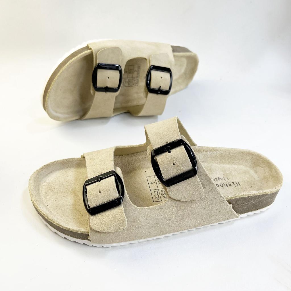 Dép đế chất liệu da bò birken nam nữ unisex quai ngang 2 khóa size 35 - 43 chính hãng Hishoo S109