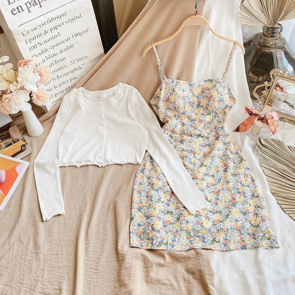 Đầm Nữ Thời Trang Set Áo Croptop Khoác Phối Váy Hoa Hai Dây Xinh Xắn Hot Trend 2021