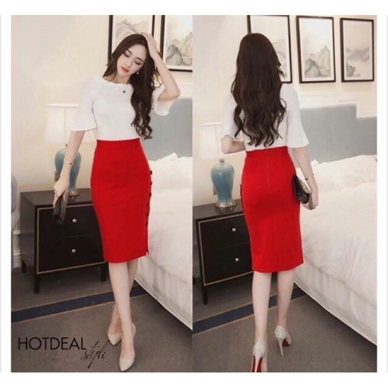CHÂN VÁY BÚT CHÌ PHỐI NÚT