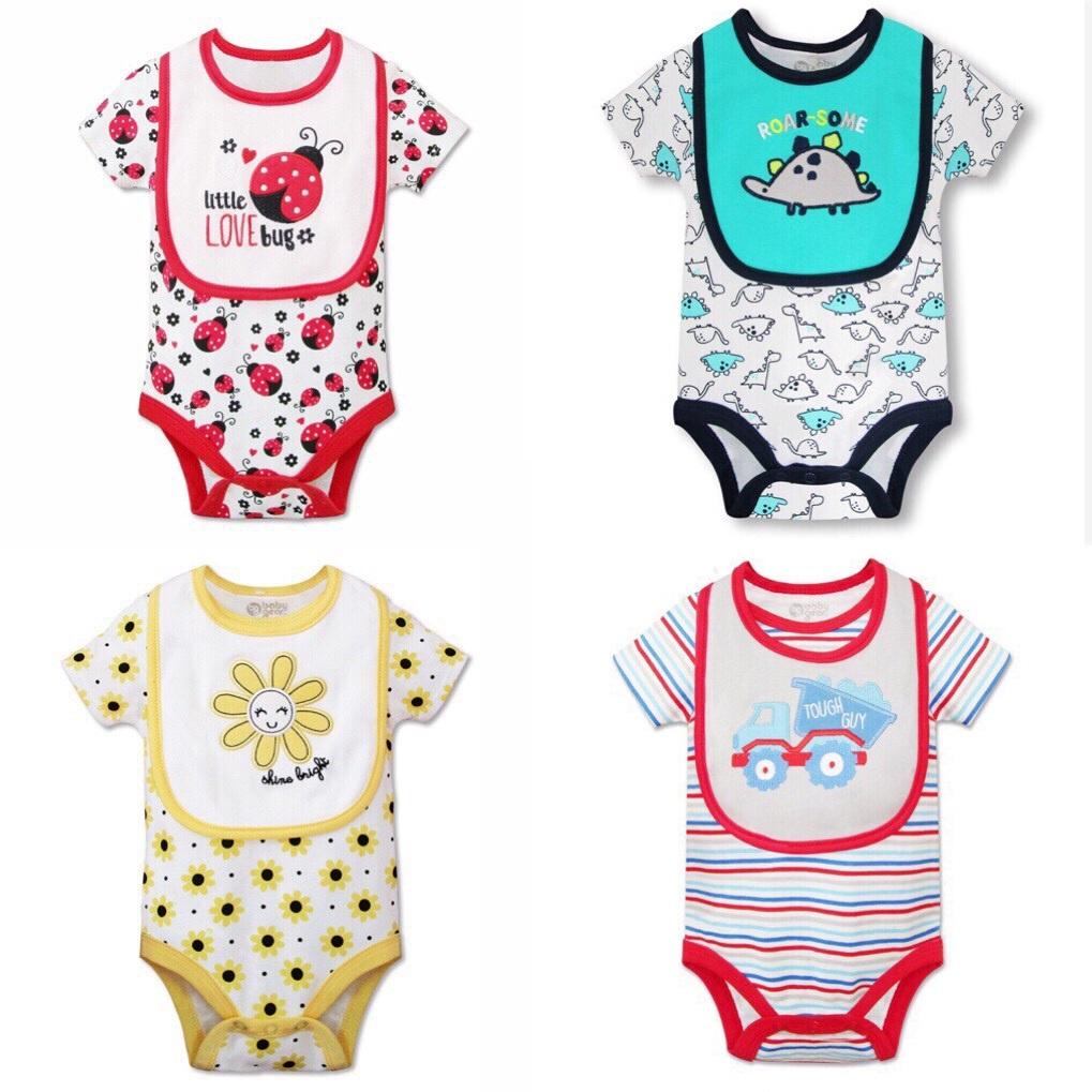 Set body kèm yếm cho bé trai bé gái 0-6 tháng chất cotton đẹp co giãn