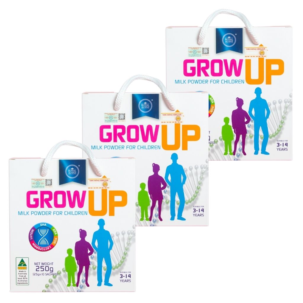 Combo 3 hộp Sữa Bột Hoàng Gia Úc GROW UP MILK POWDER Hỗ Trợ Phát Triển Chiều Cao Cho Trẻ Từ 3-14 Tuổi ( Hộp 10 gói)