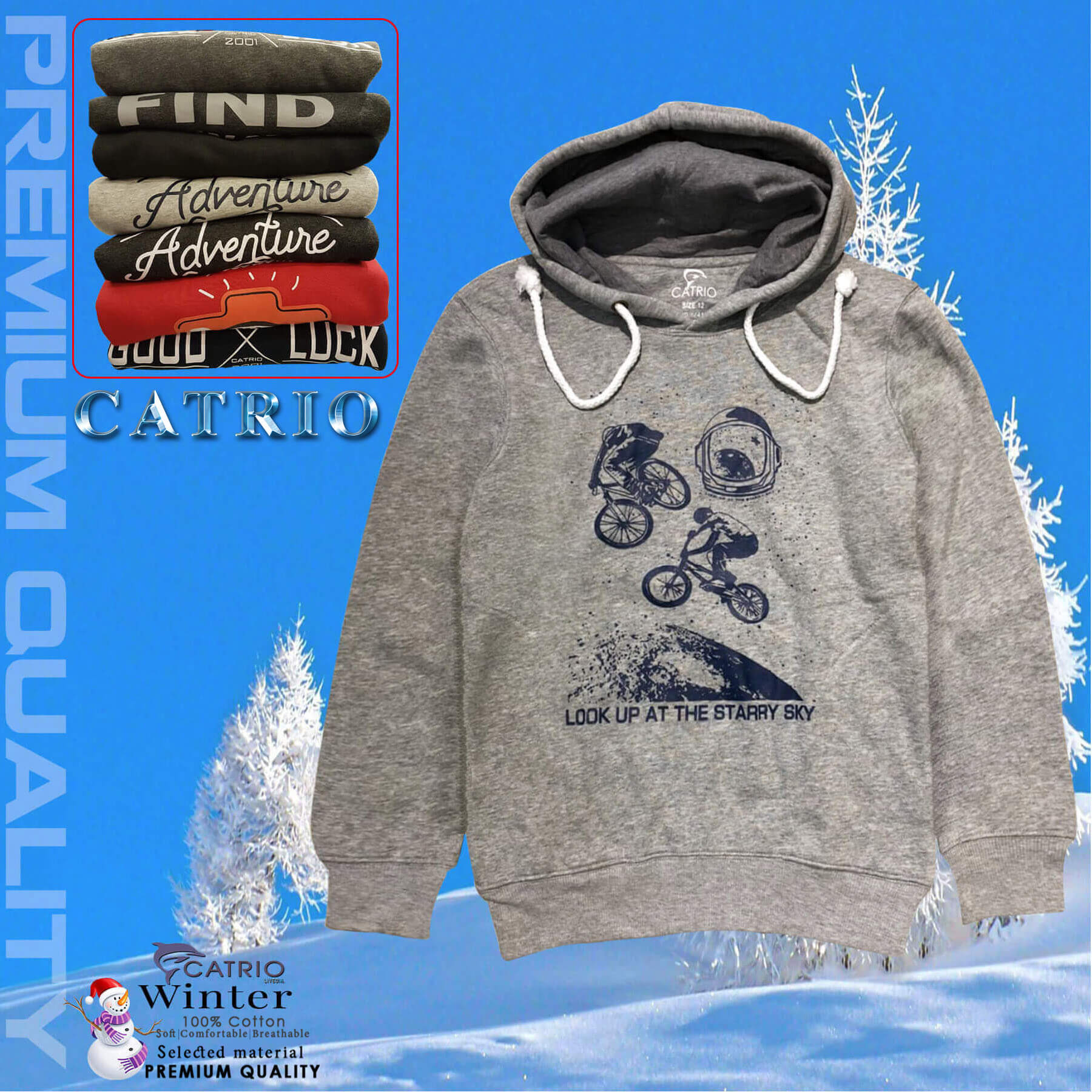 ÁO HOODIES TRẺ EM CATRIO in XE ĐẠP BAY là áo thun dài tay có mũ có túi thời trang, vải 100% cotton dày, ấm mùa thu đông phù hợp với trẻ em bé trai, bé gái 10 tuổi 35kg-39kg kết hợp quần dài cotton CATRIO thành bộ đồ đẹp MÀU XÁM