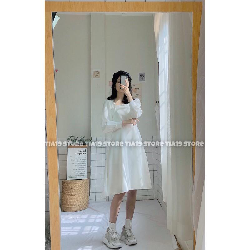 Váy trắng cổ vuông ren dài tay. Đầm trắng tiểu thư dài tay SP000007