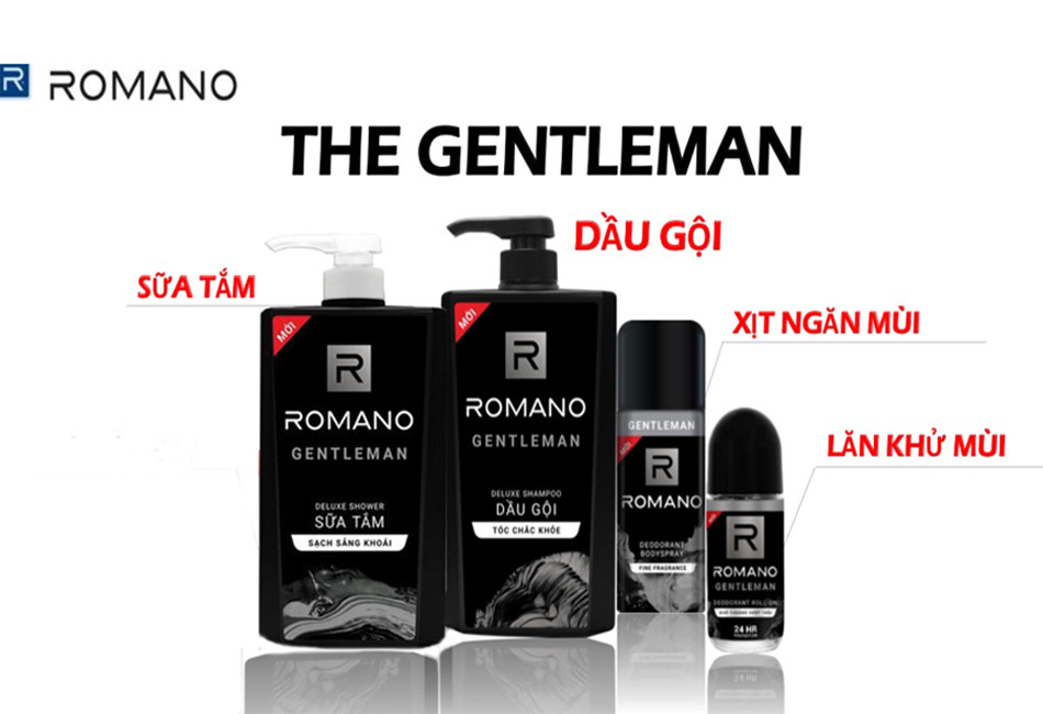 Combo Romano Gentleman : Dầu gội 650g, sữa tắm 650g, xịt khử mùi 150ml+ Tặng kèm lăn khử mùi 40ml