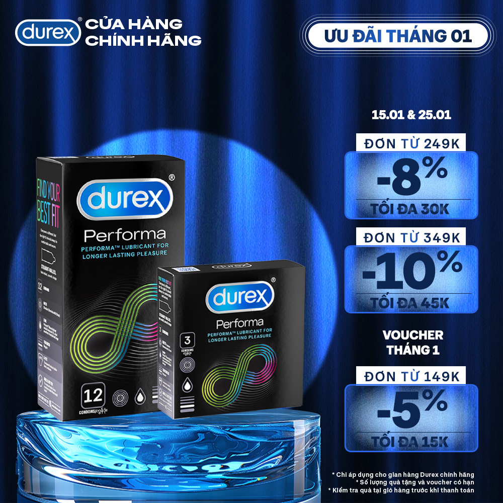 Bộ bao cao su Durex Performa kéo dài thời gian size 52mm, 1 hộp 12 bao và 1 hộp 3 bao