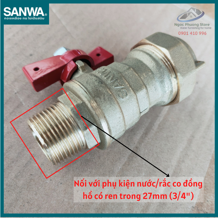 Van cóc Sanwa nhập khẩu nối đồng hồ nước, ren ngoài 27mm BV20C-Joint