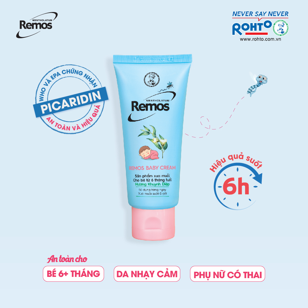 Kem chống muỗi đốt cho bé từ 6 tháng tuổi hương khuynh diệp Rohto Mentholatum Remos Baby Cream 70g