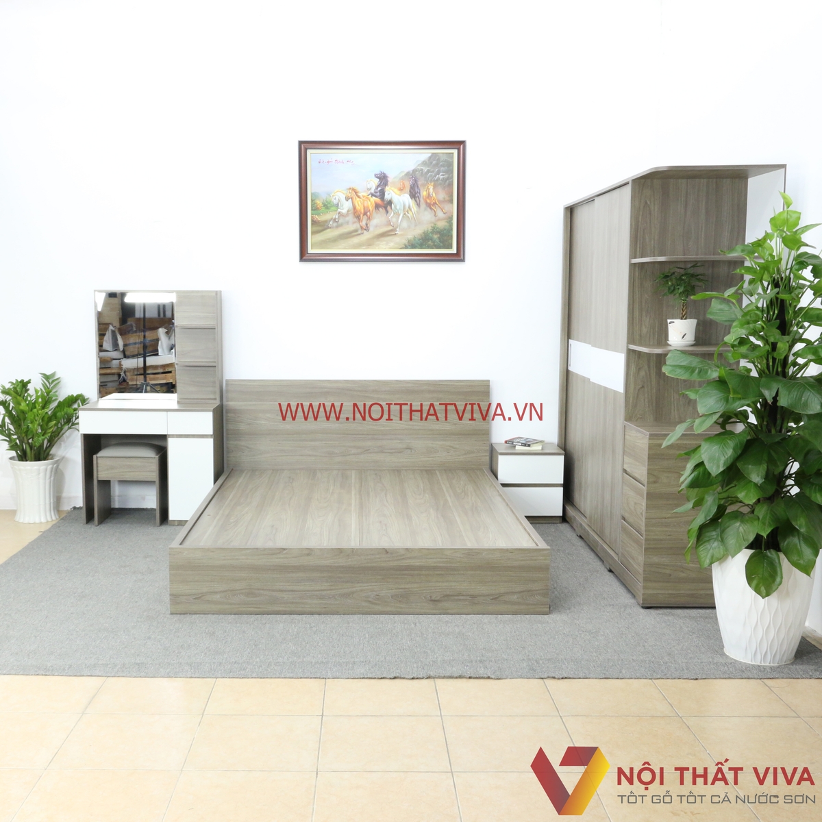 Bộ Combo Phòng Ngủ Gỗ MDF Melamine Màu Xám Phối Trắng Đẹp Hiện Đại