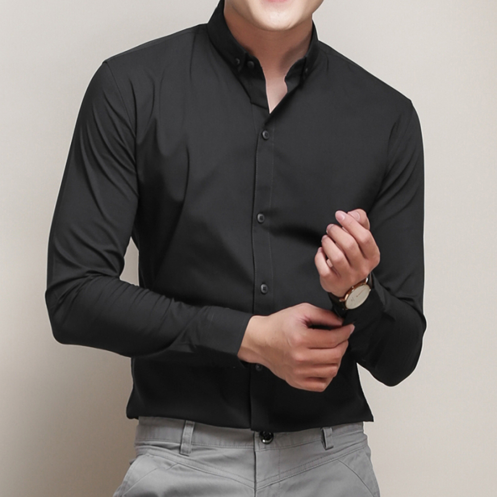 Hình ảnh Áo sơ mi nam đen trắng dài tay công sở cao cấp chất vải lụa co giãn nhẹ form slimfit ôm dáng thời trang Hàn Quốc, áo sơ mi nam dài tay đen trắng lụa cao cấp công sở Hàn Quốc