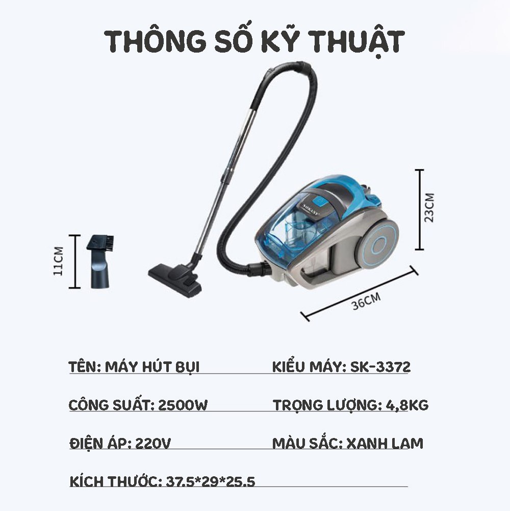 Máy hút bụi cầm tay gia đình SOKANY SK3372 công suất 2500W, dung tích 1,5L, hút mọi loại bụi trong nhà - HÀNG CHÍNH HÃNG - DELIYA