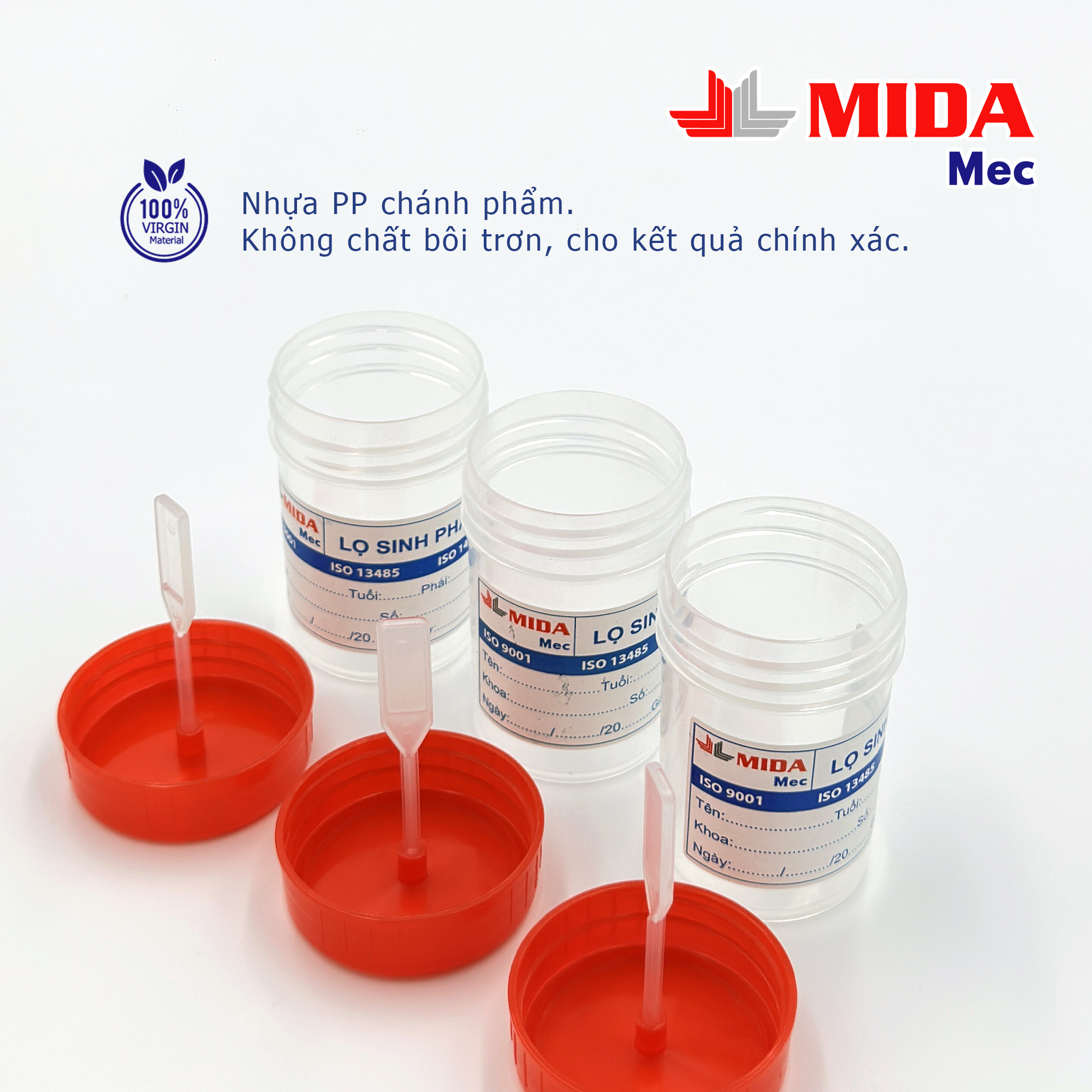 Lọ đựng bệnh phẩm MidaMec có gá 40ml PP đóng gói 100 lọ/bao - Nắp Đỏ