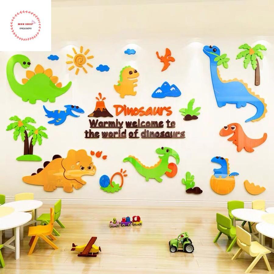 Decal dán tường mica 3D thế giới khủng long, các loại khủng long cho bé trai, tranh trang trí phòng bé cực yêu