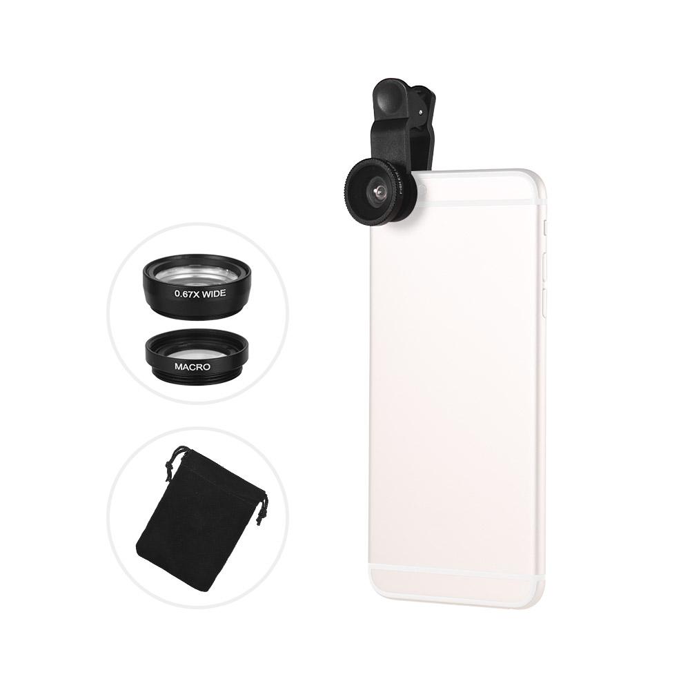 Universal Clip Lens Kit 180° Mobile Phone Fisheye Lens 0.67× Wide Angle Lens Macro Lens 3 in 1 with Clip for iPhone