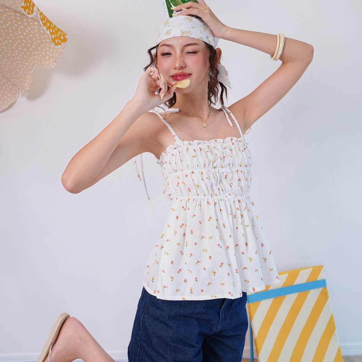 Áo kiểu áo hai dây cột họa tiết hoa nhún ngực kiểu xòe nữ tính tiểu thơ Charming Miều Est.2013
