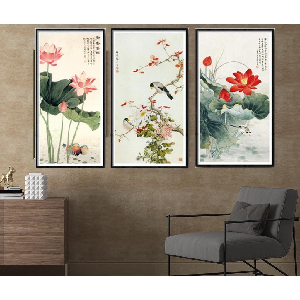 Bộ 3 Tranh Treo Tường Phong Thuỷ Hoa Sen, Liên Hoa Trước Gió CV18