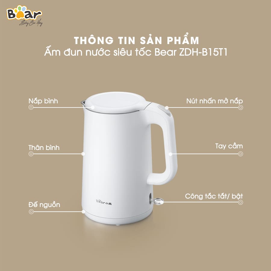 Ấm đun siêu tốc nội địa Trung Bear 1.5L ZDH-B15T1, hàng chính hãng