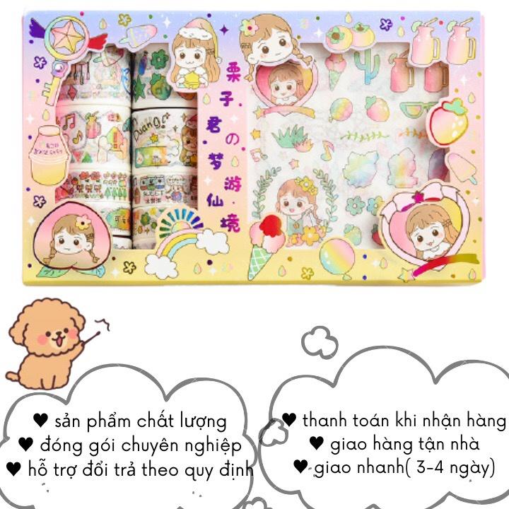 Hộp sticker cute washi tape dán sổ tay decor set 10 cuộn băng dính 10 hình dán sicker Timo WS1