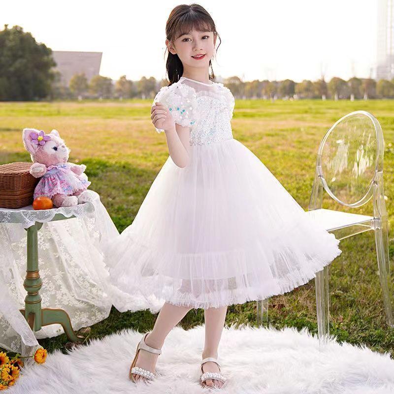 DONGSHOP Cô gái ăn mặc mùa hè 2023 váy công chúa trẻ em mùa hè phong cách phương Tây cô gái nhỏ mùa hè váy lưới đỏ thời trang váy