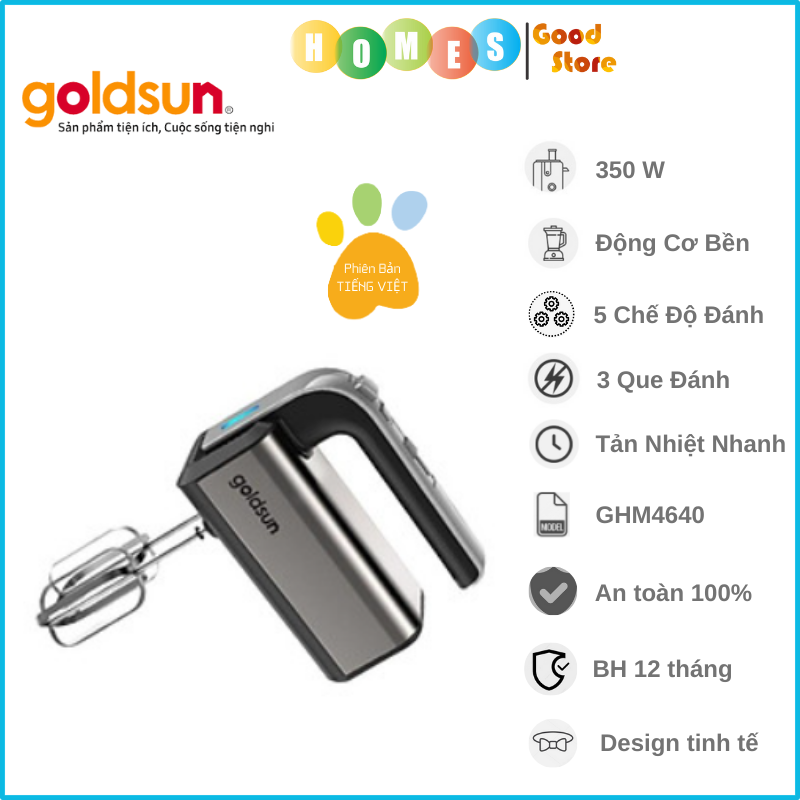 Máy Đánh Trứng Cầm Tay GOLDSUN GHM4640 5 Chế Độ Chỉnh Công Suất 350 W - Hàng Chính Hãng