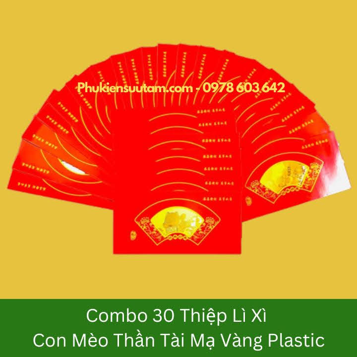 Combo 30 Thiệp Lì Xì Con Mèo Thần Tài Mạ Vàng Plastic, kích thước: 20cmx10cm, màu đỏ - SP005911