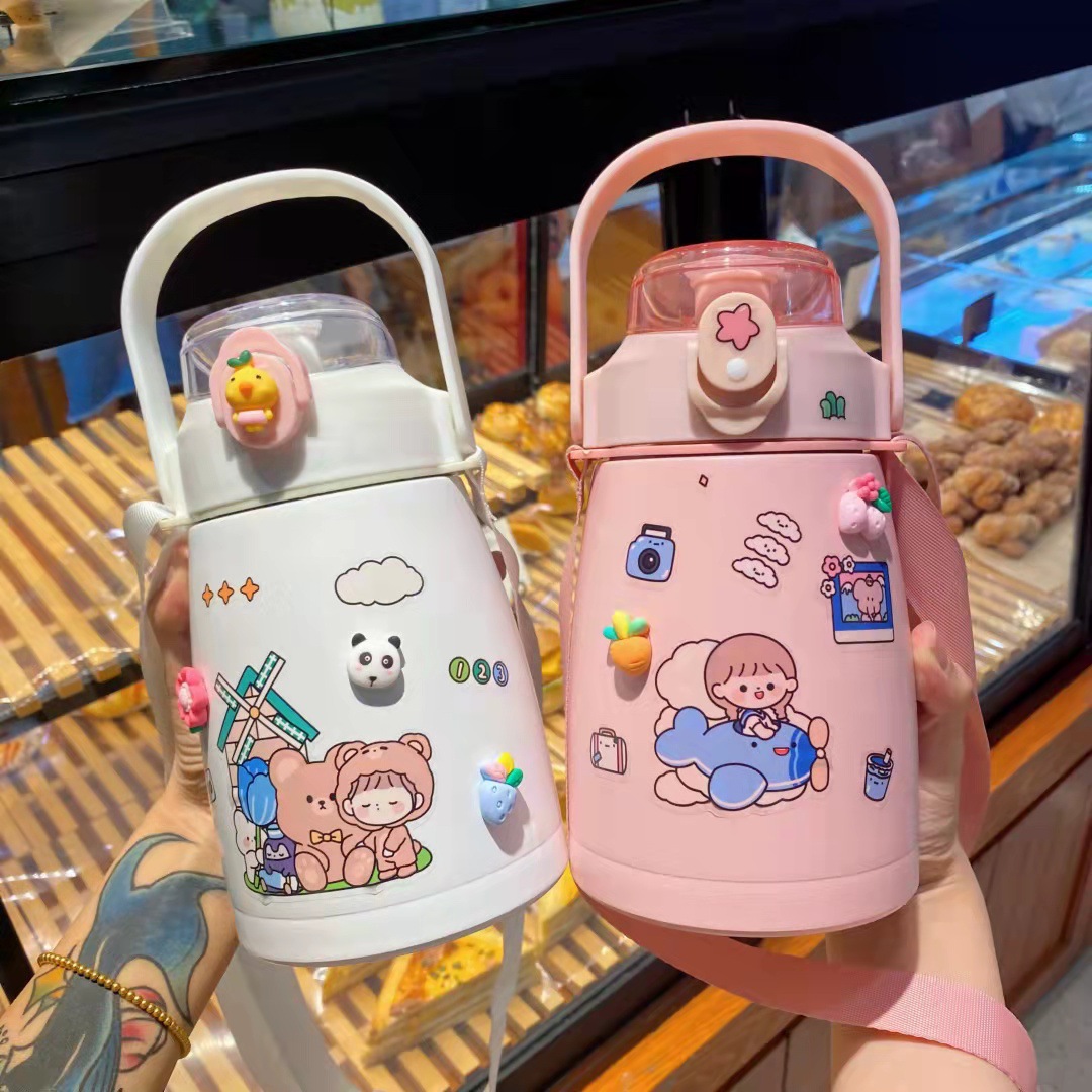 Bình Nước Giữ Nhiệt Cute, Bình Nước Giữ Nhiệt Kèm Ống Hút (tặng kèm sticker 2D,3D Inox 304 không rỉ)