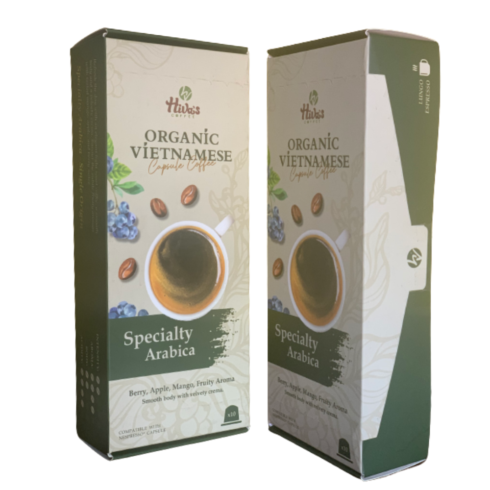 Cà Phê Viên Nén Nespresso - Hộp 10 viên Organic Vietnamese- Hàng Chính Hãng Hiva's coffee . Gu nhẹ nhàng 100% Arabica -Thơm hương vị trái cây, đắng nhẹ, chua thanh, hậu ngọt dịu