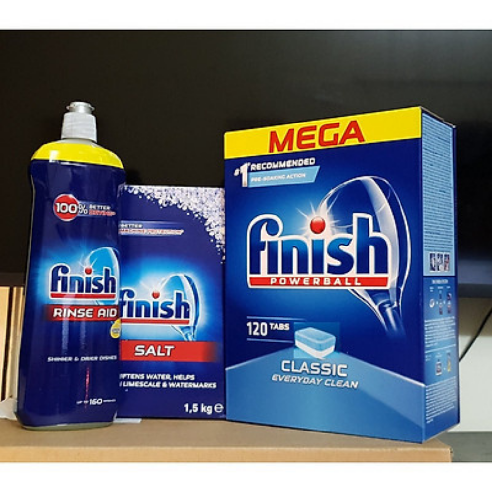 Combo muối rửa bát Finish 1,5kg+viên rửa bát Finish 120 viên+Nước làm bóng bát chén finish 800ml