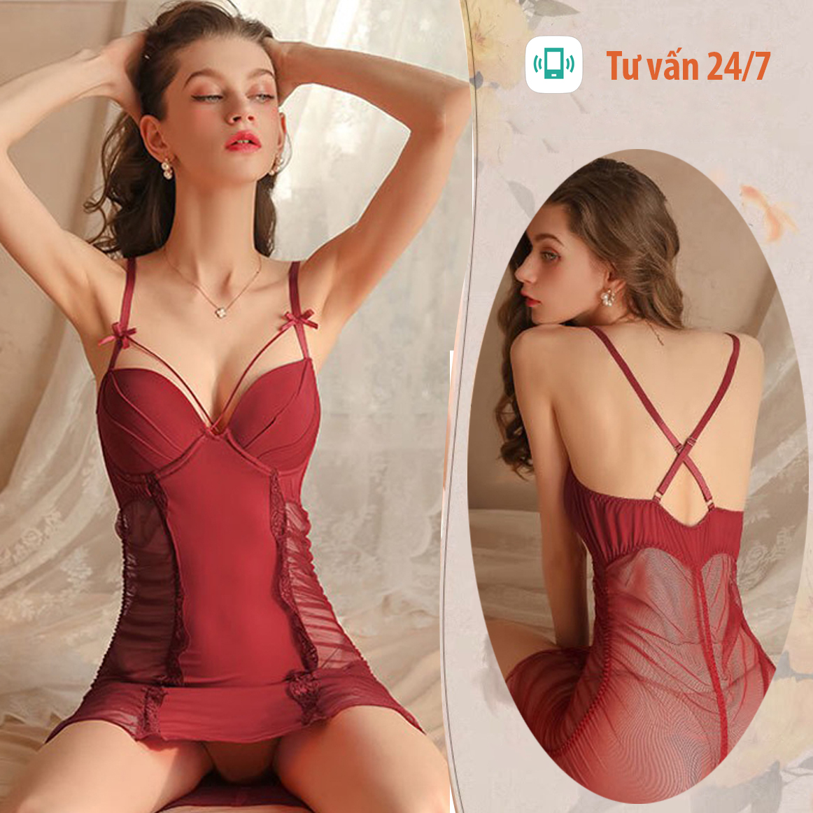 Hình ảnh Váy ngủ ôm body 2 dây chéo lưng kèm mút ngực sexy P6 - Đầm ngủ xuyên thấu chéo lưng gợi cảm - Đồ ngủ nữ