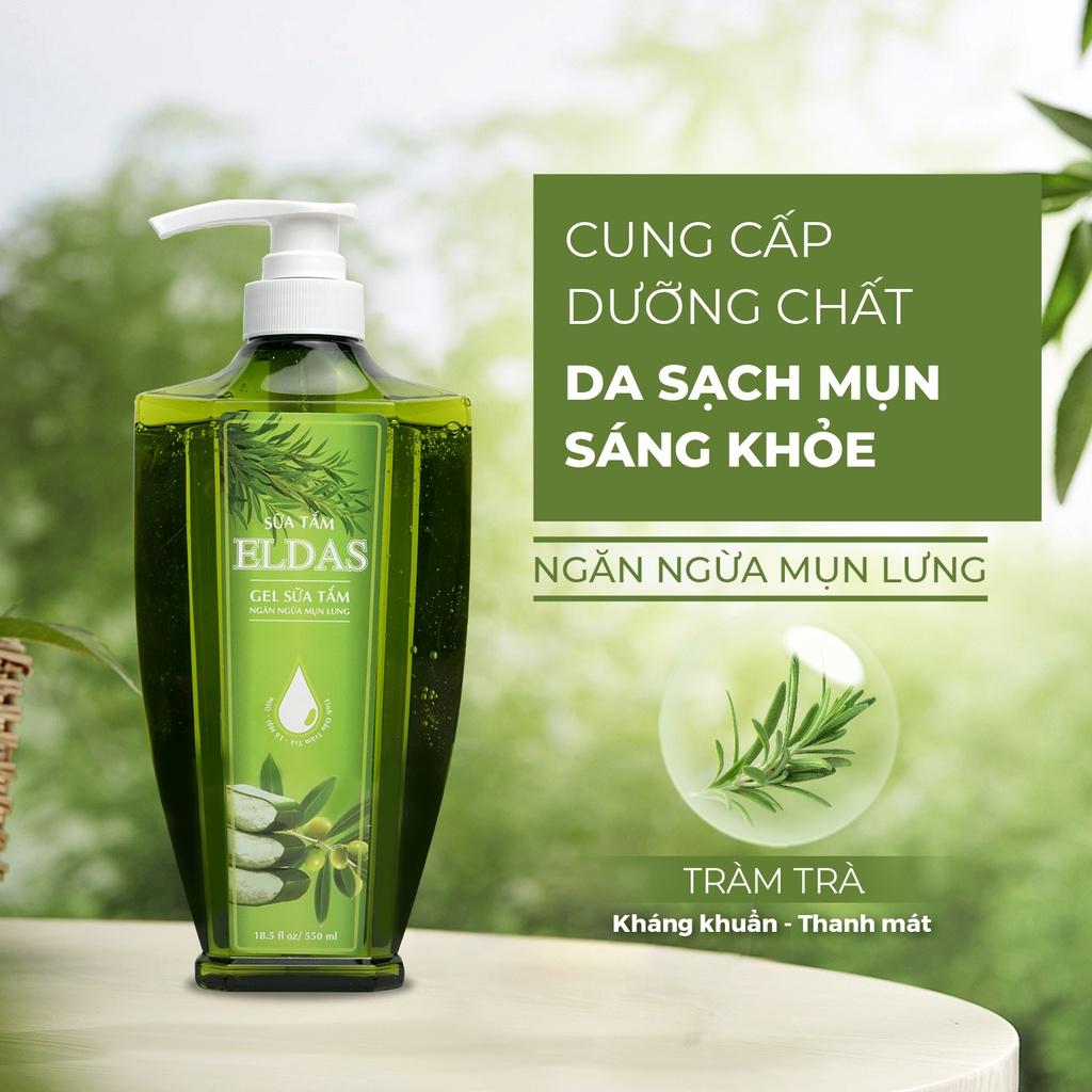 Bộ đôi Sữa tắm ngừa khuẩn ELDAS sạch 99% 550ml và Nước tẩy trang da dầu mụn Eldas tinh chất Tràm trà 250ml