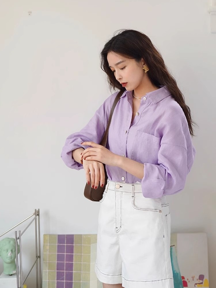 Hình ảnh Áo sơ mi nữ form rộng tay dài vải linen bột premium dáng basic đa dụng, màu tím trẻ trung Đũi Việt