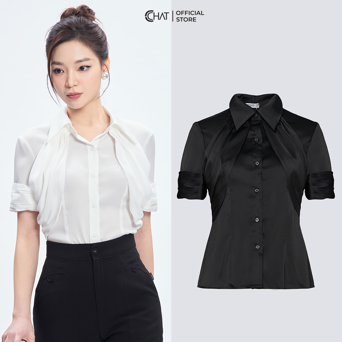Áo Sơ Mi Nữ  Nhún Trước Ngực Chất Liệu Lụa Cao Cấp 53FNL2005OT