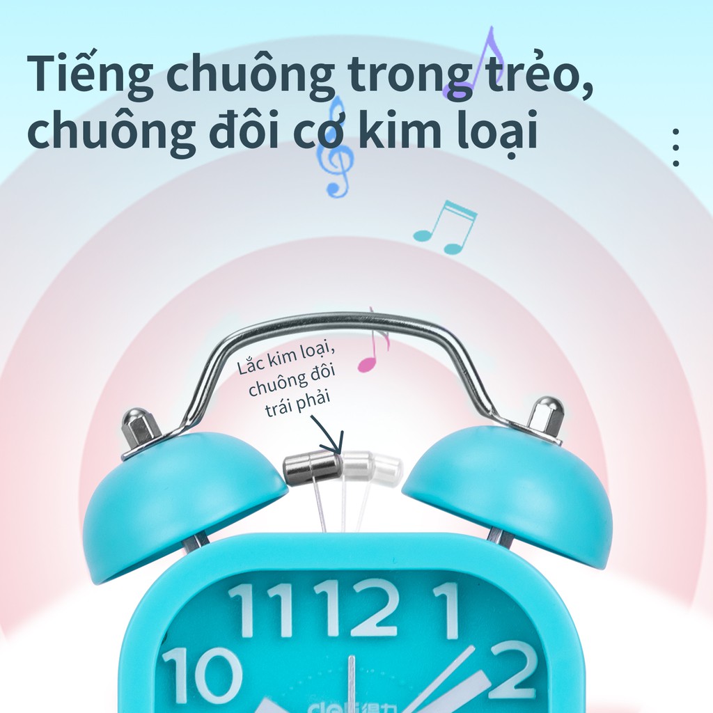 Đồng hồ báo thức kim trôi để bàn vuông Deli 9035 Có đèn ngủ chuông đôi kêu siêu to màu sắc phong phú đẹp sang trọng