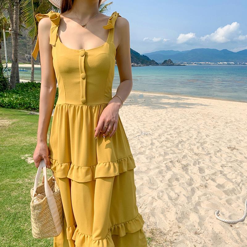 Hàng Quảng Châu - Đầm maxi boho 2 dây lưng thun phối bèo cao cấp siêu xinh - D110298