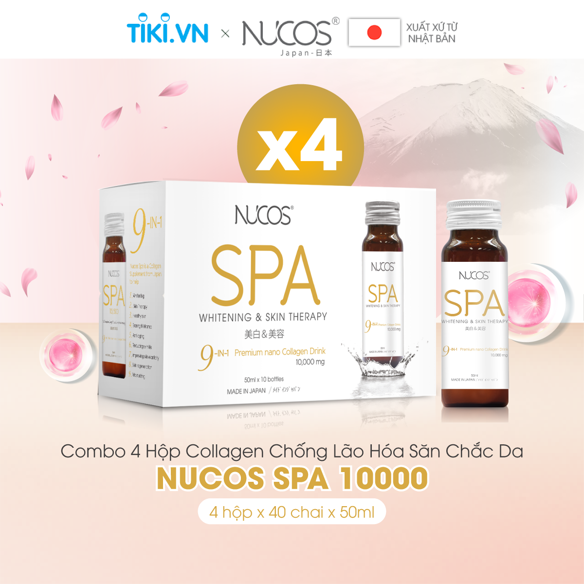 Combo 4 hộp Collagen chống lão hoá căng bóng da Nucos Spa 10000 50ml x 40 chai