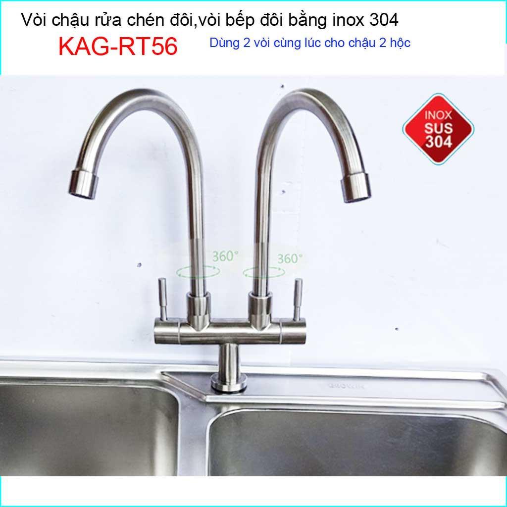 Vòi rửa chén đôi Inox SUS304 KAG-RT56, vòi chậu 2 hộc, vòi rửa chén bát lạnh 2 đầu vòi xả nước mạnh sử dụng tốt