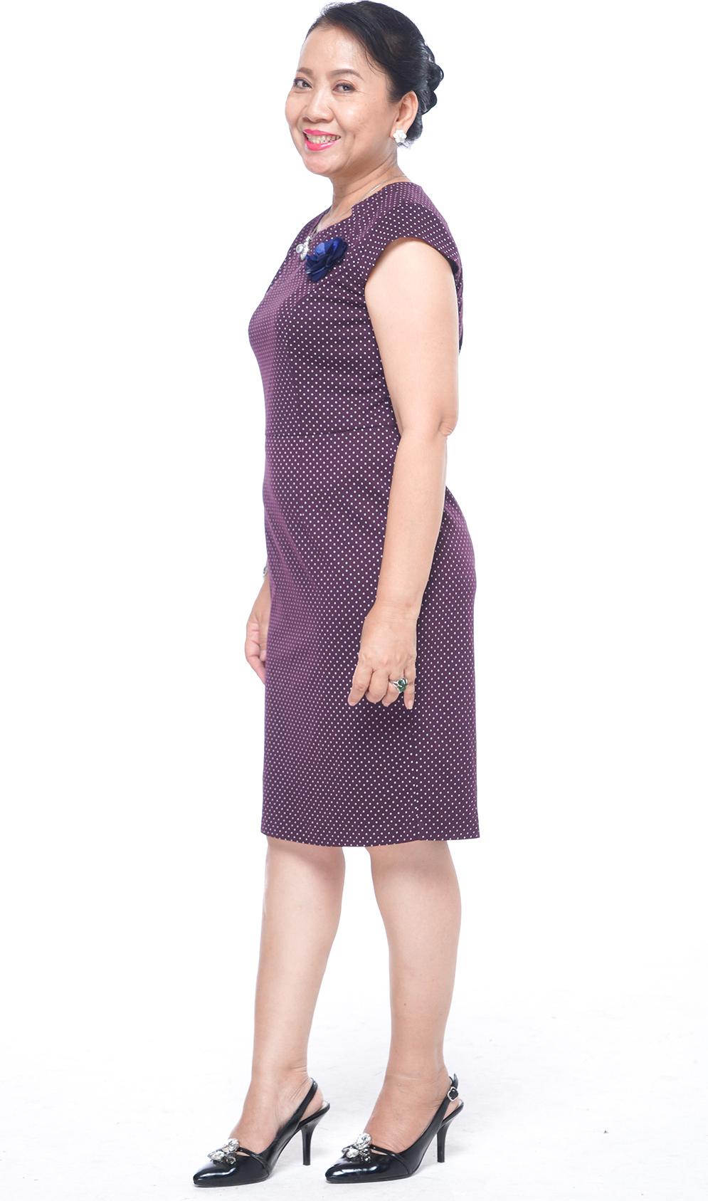 Đầm Trung Niên UGETHER UPAR52 - Đầm tím chấm bi trắng, ngực đính hoa xanh