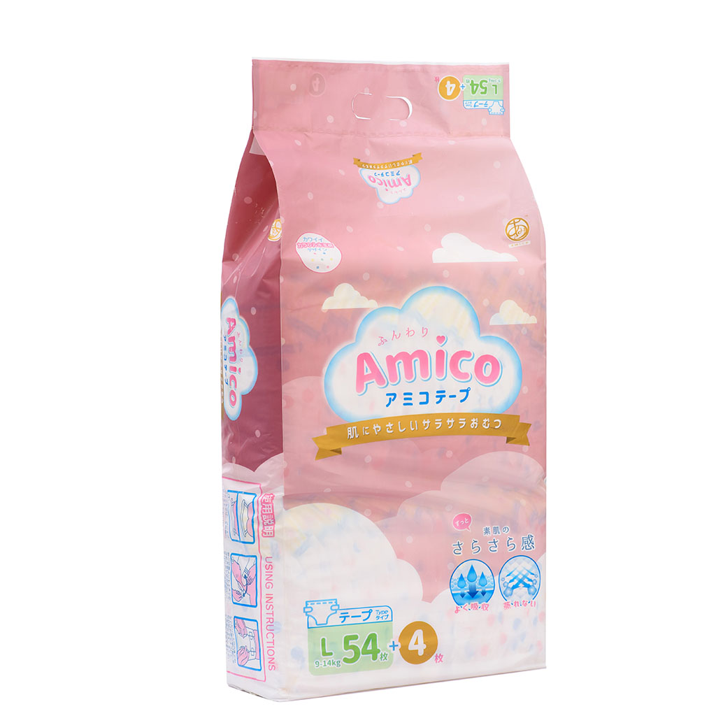 Bỉm - Tã dán Amico size L 54 + 4 miếng (Cho bé 9 - 14 kg)