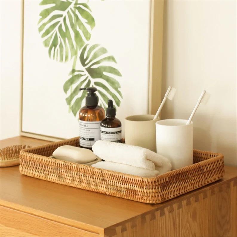 Set 3 khay mây chữ nhật đựng đồ ăn khô, đựng hoa quả, đồ gia dụng decor đan chắc chắn, bền đẹp Bemiao Shop