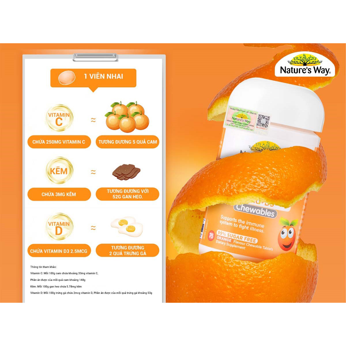 Nature’s Way Kids Smart Vitamin C + Zinc + D3 - Bổ sung Vitamin C, Vitamin D3 và Kẽm cho bé (75 viên/ Lọ)