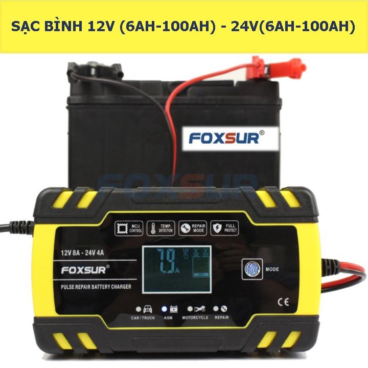 Sạc bình ắc quy 12V 24V 6Ah - 150Ah FOXSUR tự ngắt khi đầy chức năng bảo dưỡng phục hồi ắc quy bằng khử sunfat