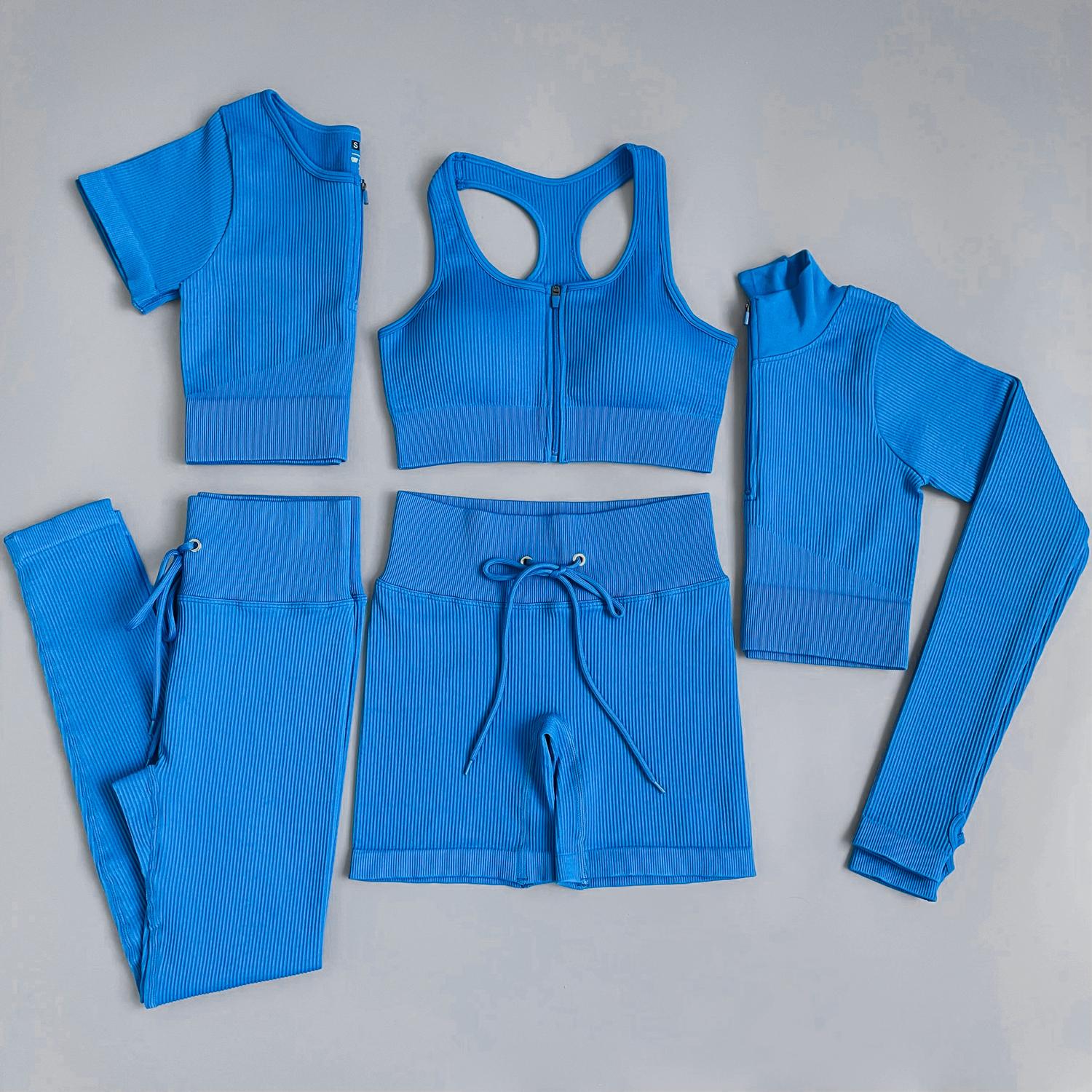 2/3/5PC Bộ đồ thể thao nữ Bộ đồ tập Yoga liền mạch Tập luyện Đồ thể thao Tập gym Quần áo dây rút Quần legging cạp cao Tập thể dục Bộ đồ thể thao Color: Shirts PantsBlack Size: S