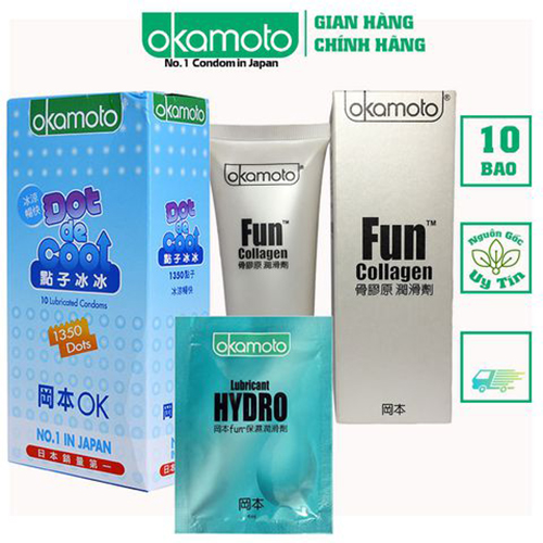 [ Combo Happy Day ] Bao Cao Su Okamoto Dot.De.Cool. Gai Lạnh Kéo Dài Thời Gian Hộp 10 Cái + 1 Tuýp Collagen + 1 Gói Gel Hydro. (Che tên sản phẩm) CONDOM