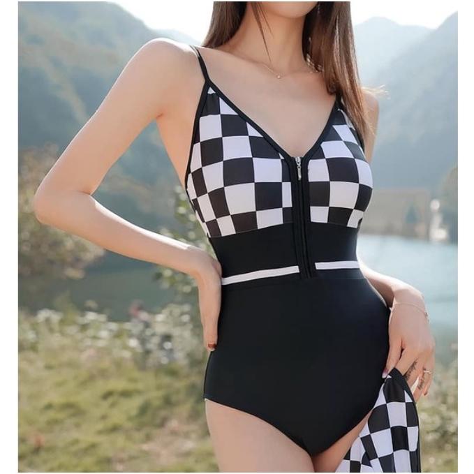 Bikini, Đồ Bơi Đi Biển Liền Mảnh Caro Trắng Đen Kèm Áo Choàng