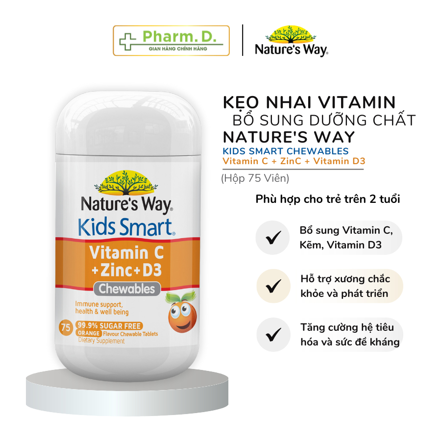 Kẹo Nhai NATURE'S WAY Kids Smart Chewable Giúp Bổ Sung Vitamin C, Kẽm Và Vitamin D3 Cho Bé (Hộp 75 Viên)