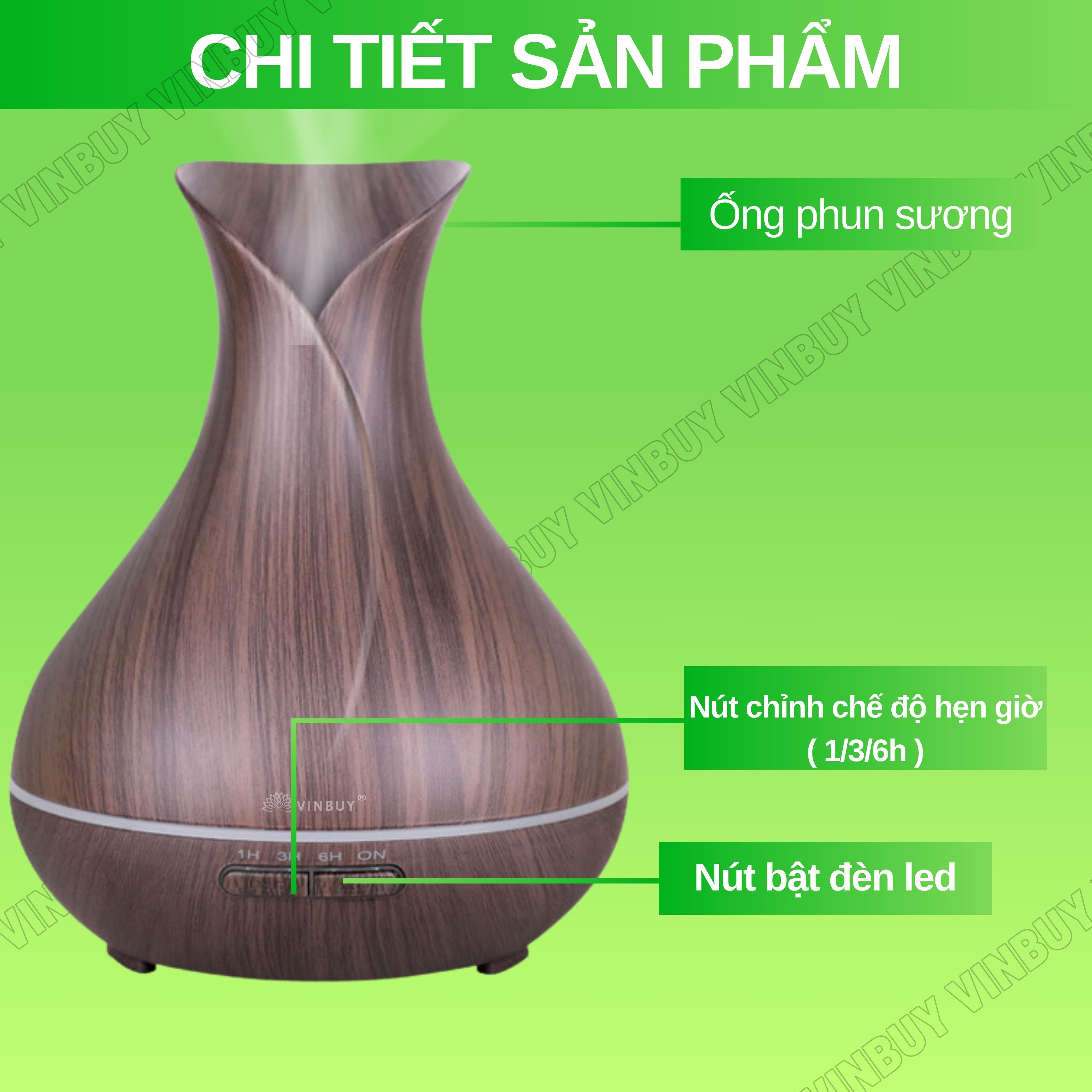 Máy xông tinh dầu VINBUY lục bình, máy khuếch tán phun sương tạo ẩm, máy xông tinh dầu phòng ngủ, spa, tự động, dung tích lớn led 07 màu - Hàng chính hãng