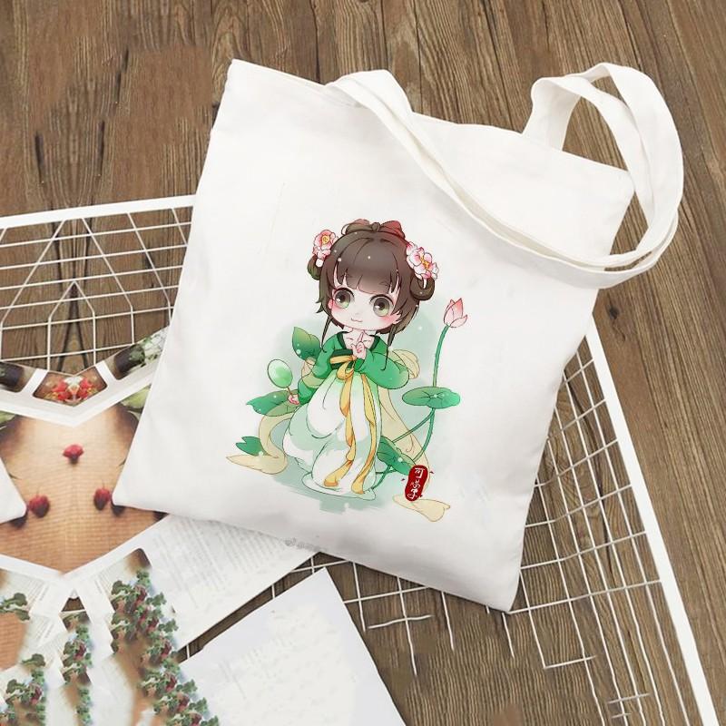 Túi Tote Vải Canvas đeo vai in hình CHIBI CỔ TRANG Hàn Quốc Có Khóa Miệng Túi + TÚI CON